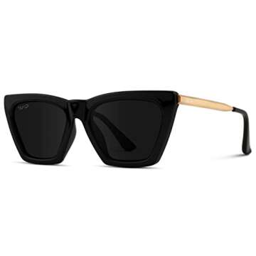 WearMe Pro WMP Eyewear - Square Cat Eye Shape Metal Frame Fashion Polarized Mirrored Sunglasses (Black/Gold Temple/Black Lens)