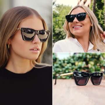 WearMe Pro WMP Eyewear - Square Cat Eye Shape Metal Frame Fashion Polarized Mirrored Sunglasses (Black/Gold Temple/Black Lens)