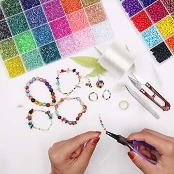 EuTengHao 14400pcs Tube Beads Bugle Glass Seed Beads Small Craft Spacer Beads for DIY Bracelet Necklaces Crafting Jewelry Making Supplies with Two Crystal String (3mm, 600 Per Color, 24 Colors)