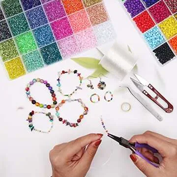 EuTengHao 14400pcs Tube Beads Bugle Glass Seed Beads Small Craft Spacer Beads for DIY Bracelet Necklaces Crafting Jewelry Making Supplies with Two Crystal String (3mm, 600 Per Color, 24 Colors)