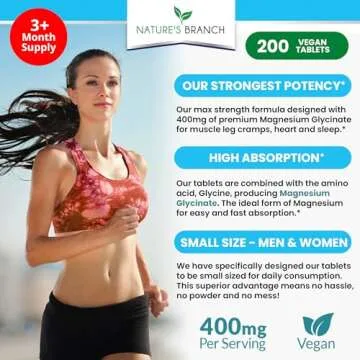 Magnesium Glycinate 400 mg - 200 Tablets - High Absorption, Non Buffered Bisglycinate Mag Supplement...