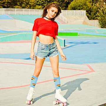 Junely Pride Compression Socks for Women 20-30 mmhg Rainbow Knee High Socks for Support Nurses Pregnancy Flying Sports Travel Running Swelling Blue