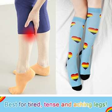 Junely Pride Compression Socks for Women 20-30 mmhg Rainbow Knee High Socks for Support Nurses Pregnancy Flying Sports Travel Running Swelling Blue