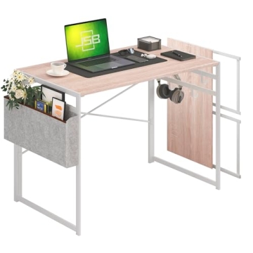 JSB 39.4" Small Folding Desk, White Computer Desk with Storage Bag and Hook, Home Office Study Writi...