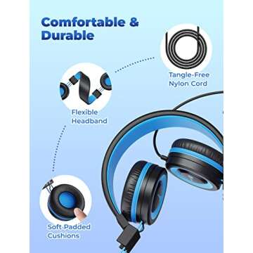 iClever Kids Headphones with Cord, 85/94dB Safe Volume Tech, Bending Resistance Durable, Foldable, Stereo Sound 3.5mm Jack Wired Headphones for Kids Boys Girls Tablet/Travel/School, HS14