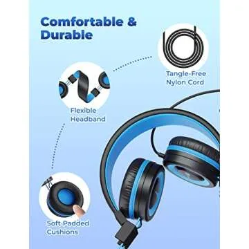 iClever Kids Headphones with Cord, 85/94dB Safe Volume Tech, Bending Resistance Durable, Foldable, Stereo Sound 3.5mm Jack Wired Headphones for Kids Boys Girls Tablet/Travel/School, HS14