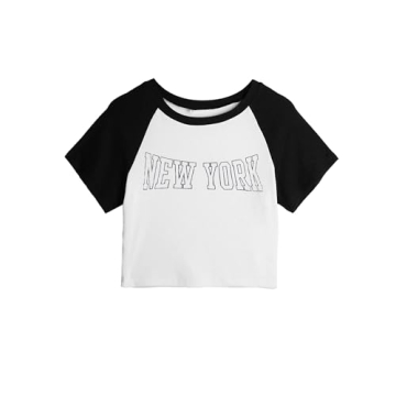Remidoo Women's Casual Short Sleeve Letter Print Rib Knit Crop Top T Shirt Black White Small