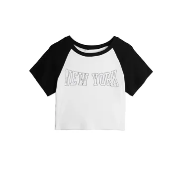 Remidoo Women's Casual Short Sleeve Letter Print Rib Knit Crop Top T Shirt Black White Small