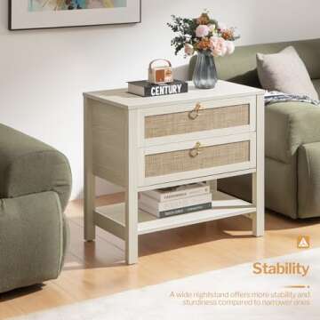 SICOTAS White Night Stand Set of 2, Large Nightstand with Drawers and Storage Shelf - Rattan Boho Bedside Table Narrow Side Table for Bedroom, Small Space