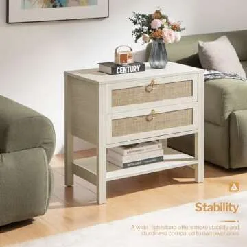 SICOTAS White Night Stand Set of 2, Large Nightstand with Drawers and Storage Shelf - Rattan Boho Bedside Table Narrow Side Table for Bedroom, Small Space