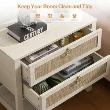 SICOTAS White Night Stand Set of 2, Large Nightstand with Drawers and Storage Shelf - Rattan Boho Bedside Table Narrow Side Table for Bedroom, Small Space