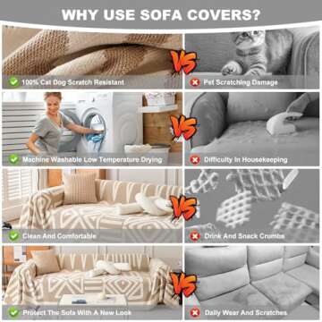 STACYPIK Boho Khaki White Cream Sofa Cover for Sofas Chenille Triangle Couch Cover Reversible Furniture Covers for 3-4 Cushion Couch L Shaped Couch Cover for Dogs Cats Non-Silp Loveseat Cover-91X150IN