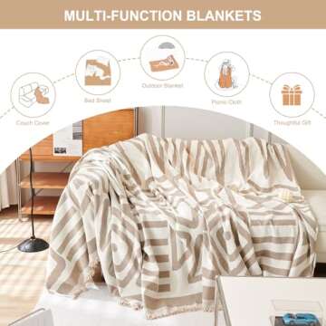 STACYPIK Boho Khaki White Cream Sofa Cover for Sofas Chenille Triangle Couch Cover Reversible Furniture Covers for 3-4 Cushion Couch L Shaped Couch Cover for Dogs Cats Non-Silp Loveseat Cover-91X150IN