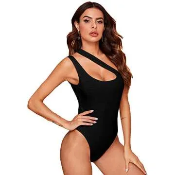 Verdusa Women's Sexy One Shoulder Sleeveless Cut Out Solid Skinny Bodysuit Black S