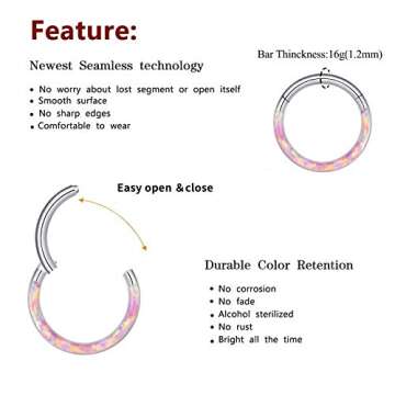 CICIMOTO Septum Jewelry Daith Earring Opal CZ 16G 18G 20G 316L Surgical Steel Hinged Segment Nose Ring Hoop Septum Clicker Helix Cartilage Tragus Piercing Jewelry for Women