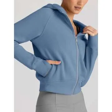 Trendy Queen Womens Zip Up Hoodies Jackets Cropped Sweatshirts Fleece Fall Outfits Casual Comfy Y2k Tops Winter Clothes 2025 Blue M