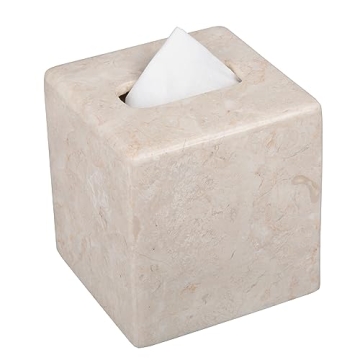 Creative Home Natural Champagne Marble Square Tissue Box Cover Facial Tissue Paper Holder Bathroom Vanity Countertop Organizer for Bedroom Dresser Night Stand End Table, 5.4" x 5.4" x 5.6" H, Beige