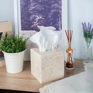 Creative Home Natural Champagne Marble Square Tissue Box Cover Facial Tissue Paper Holder Bathroom Vanity Countertop Organizer for Bedroom Dresser Night Stand End Table, 5.4" x 5.4" x 5.6" H, Beige