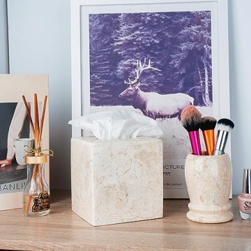 Creative Home Natural Champagne Marble Square Tissue Box Cover Facial Tissue Paper Holder Bathroom Vanity Countertop Organizer for Bedroom Dresser Night Stand End Table, 5.4" x 5.4" x 5.6" H, Beige