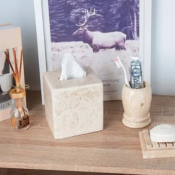 Creative Home Natural Champagne Marble Square Tissue Box Cover Facial Tissue Paper Holder Bathroom Vanity Countertop Organizer for Bedroom Dresser Night Stand End Table, 5.4" x 5.4" x 5.6" H, Beige