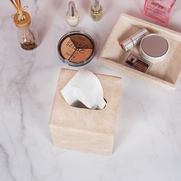 Creative Home Natural Champagne Marble Square Tissue Box Cover Facial Tissue Paper Holder Bathroom Vanity Countertop Organizer for Bedroom Dresser Night Stand End Table, 5.4" x 5.4" x 5.6" H, Beige