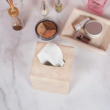 Creative Home Natural Champagne Marble Square Tissue Box Cover Facial Tissue Paper Holder Bathroom Vanity Countertop Organizer for Bedroom Dresser Night Stand End Table, 5.4" x 5.4" x 5.6" H, Beige