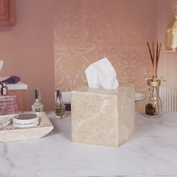 Creative Home Natural Champagne Marble Square Tissue Box Cover Facial Tissue Paper Holder Bathroom Vanity Countertop Organizer for Bedroom Dresser Night Stand End Table, 5.4" x 5.4" x 5.6" H, Beige