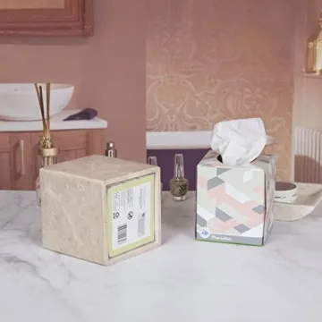 Creative Home Natural Champagne Marble Square Tissue Box Cover Facial Tissue Paper Holder Bathroom Vanity Countertop Organizer for Bedroom Dresser Night Stand End Table, 5.4" x 5.4" x 5.6" H, Beige