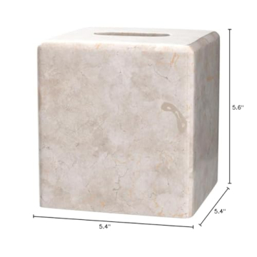 Creative Home Natural Champagne Marble Square Tissue Box Cover Facial Tissue Paper Holder Bathroom Vanity Countertop Organizer for Bedroom Dresser Night Stand End Table, 5.4" x 5.4" x 5.6" H, Beige