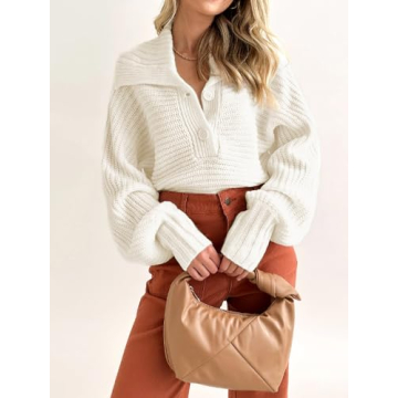 YKR Womens Sweaters Cropped Lapel Collar V Neck Chunky Knit Casual Slouchy Loose Jumper Tops White