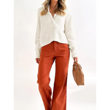 YKR Womens Sweaters Cropped Lapel Collar V Neck Chunky Knit Casual Slouchy Loose Jumper Tops White