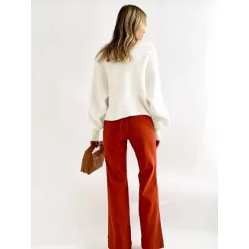 YKR Womens Sweaters Cropped Lapel Collar V Neck Chunky Knit Casual Slouchy Loose Jumper Tops White