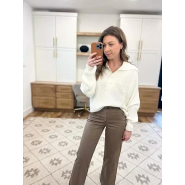 YKR Womens Sweaters Cropped Lapel Collar V Neck Chunky Knit Casual Slouchy Loose Jumper Tops White