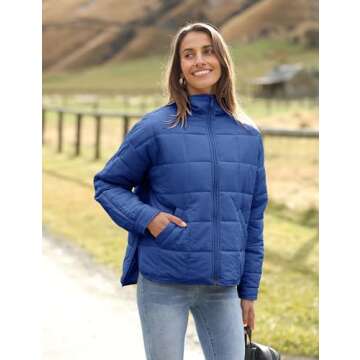 Bianstore Women's Oversized Splice Quilted Lightweight Puffer Jacket Casual Padded Coat(Blue-S)