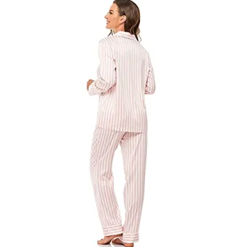 Serenedelicacy Women's Satin Pajama Set Long Sleeve Button Down Sleepwear 2-Piece Striped Silky Pj Set (Small, Blush/Ivory, Stripe)