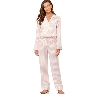 Serenedelicacy Women's Satin Pajama Set Long Sleeve Button Down Sleepwear 2-Piece Striped Silky Pj Set (Small, Blush/Ivory, Stripe)