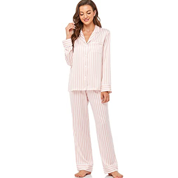 Serenedelicacy Women's Satin Pajama Set Long Sleeve Button Down Sleepwear 2-Piece Striped Silky Pj Set (Small, Blush/Ivory, Stripe)