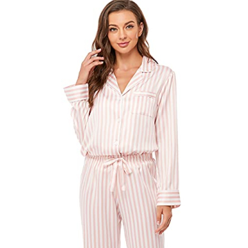 Serenedelicacy Women's Satin Pajama Set Long Sleeve Button Down Sleepwear 2-Piece Striped Silky Pj Set (Small, Blush/Ivory, Stripe)
