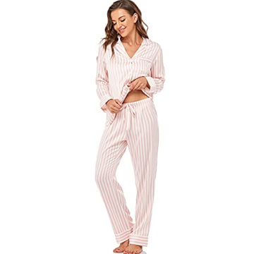 Serenedelicacy Women's Satin Pajama Set Long Sleeve Button Down Sleepwear 2-Piece Striped Silky Pj Set (Small, Blush/Ivory, Stripe)