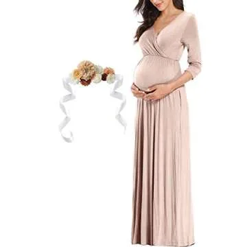 KIM S Winter Maternity Dress Photoshoot Baby Shower Photoshoot Christmas Maxi Shoot Pregnancy Clothes for Mommy to Be 2025 (Beige L)