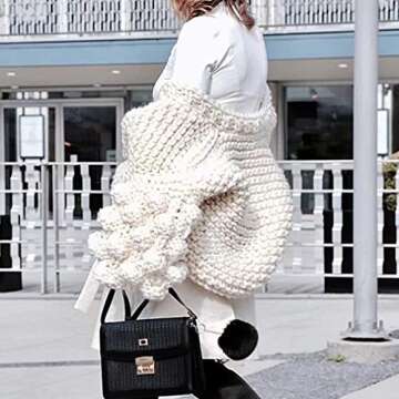 Women Cardigan Sweater Hand Knit Pom-Pom Dress Sexy Open Front Warm Beige