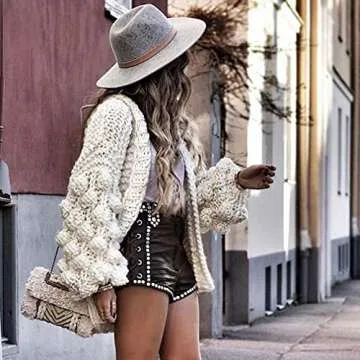 Women Cardigan Sweater Hand Knit Pom-Pom Dress Sexy Open Front Warm Beige