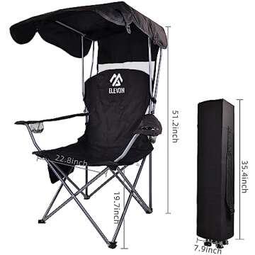 Elevon Camp Chairs with Shade Canopy Chair Folding Camping Recliner Support with Carrying Bag, Black