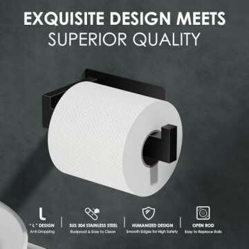 Auxmir Toilet Paper Holder Self Adhesive, Premium Thicken SUS304 Stainless Steel Rustproof Toilet Roll Holder No Drilling, Wall Mount Toilet Tissue Holder for Bathroom Kitchen Washroom RV, Matte Black