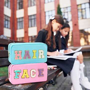 Preppy Patch Makeup Bag-Nylon Cosmetic Preppy Makeup Face Bag with Zipper-Varsity Chenille Letter Ma...