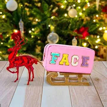 Preppy Patch Makeup Bag-Nylon Cosmetic Preppy Makeup Face Bag with Zipper-Varsity Chenille Letter Makeup Travel Organizer Valentines Bag that Kid Valentines Day Present for Her and Him