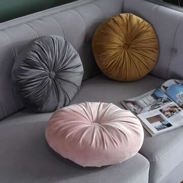 GOUTO 15” Round Throw Pillow Velvet Pleated Round Decorative Pillows Cushion Vintage Solid Color Chair Floor Pillow for Couch Bed Home Decor (Plum)