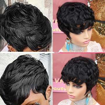 VRZ Short Wigs Human Hair for Black Women Pixie Cut Wig with Bangs