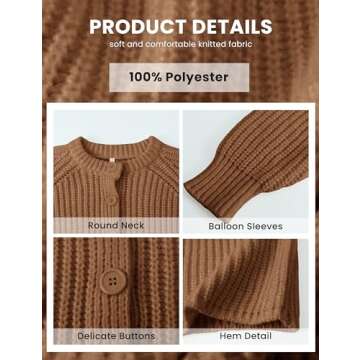 Bianstore Women's Casual Long Sleeve Crewneck Button Down Cardigan Sweater Knit Outwear(Brown-M)