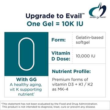 Designs for Health D-Evail 10K - 10,000 IU Vitamin D Supplement with Vitamin K (K1, K2 as MK-4) + GG - Bone, Cardiovascular + Immune Support - Improved Bioavailability Vitamin D3 (60 Softgels)